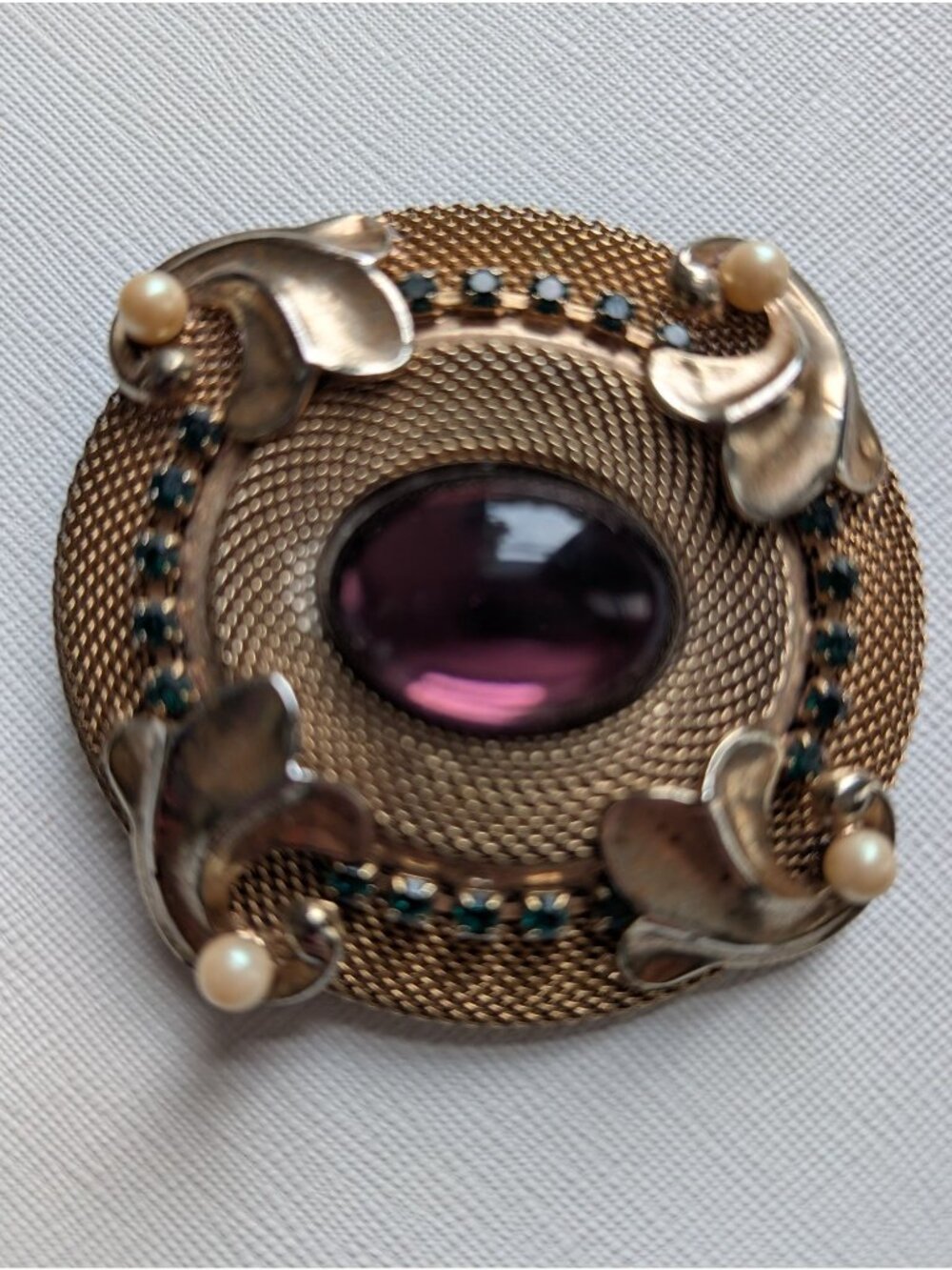 Vintage Victorian Revival Gold-tone Brooch Purple Glass Cabochon Scarf Pin 2.5"